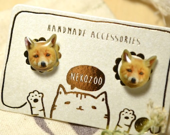 Cute Fox Stud Earrings, Handmade Resin, Surgical Steel