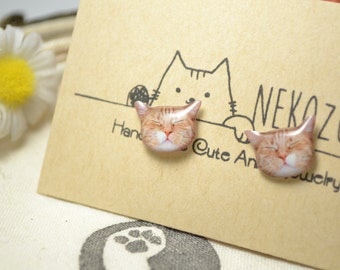 Orange sleeping cat surgical steel earrings handmade Tiny Jewelry with linen cotton bag