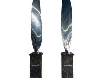 Beautiful Pair Of Tall Polished Chrome Airplane Propeller Blades Sculptures