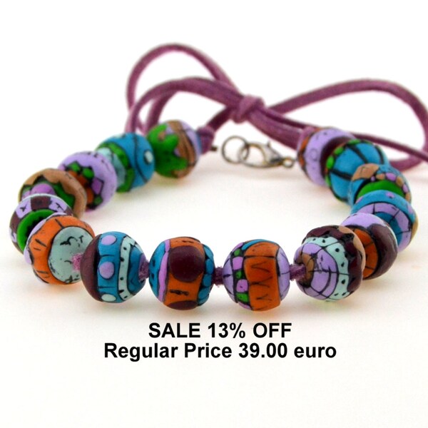 Charm ethnic turquoise Blue beaded bracelets bangle for teenager / african polymer fimo clay jewelry | unique paint beads mosaics