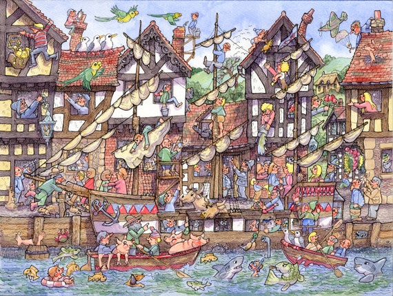 THE HARBOUR - Original pen, ink and watercolour - detailed fascinating  manic, humorous wacky CARTOON by Armand Foster