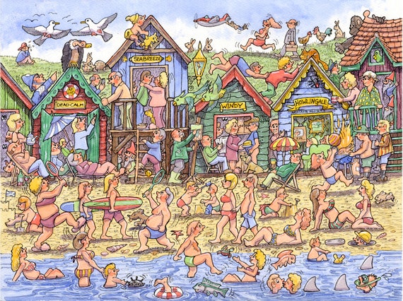 Original pen, ink, watercolour manic, humorous wacky amazing THE BEACH detailed fascinating cartoon by Armand Foster