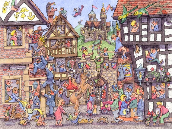 Original pen, ink, watercolour manic, humorous wacky amazing THE SQUARE detailed fascinating cartoon by Armand Foster