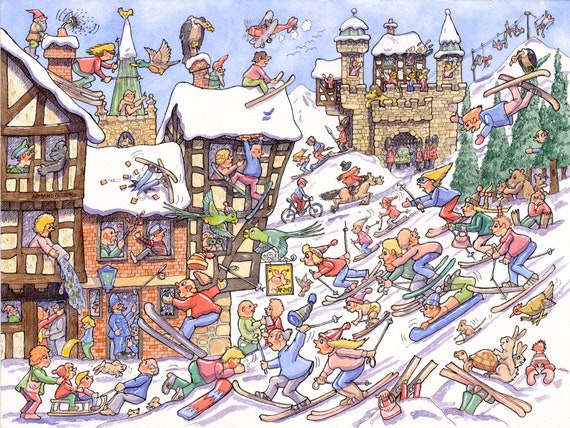 Original pen, ink, watercolour manic, humorous wacky amazing SKI HOLIDAY detailed fascinating cartoon by Armand Foster
