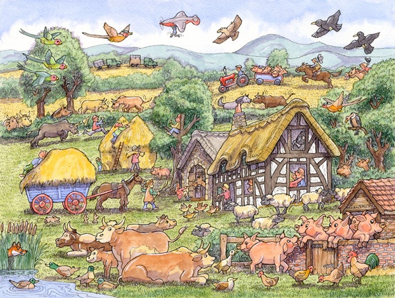 Original pen, ink, watercolour manic, humorous wacky amazing THE FUNNY FARM detailed fascinating cartoon by Armand Foster