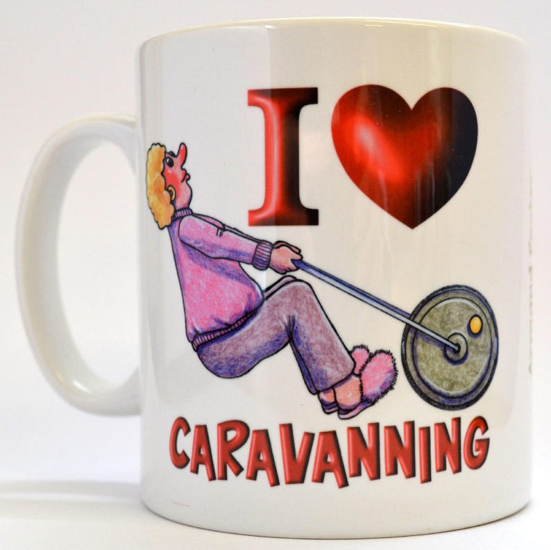 CARAVAN CARTOON MUG I LOVE CARAVANNING MUG WOMAN /& WATER ROLL