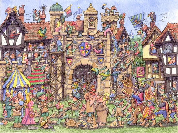 Original pen, ink, watercolour manic, humorous wacky amazing Gerald Hood arrives at the Castle detailed fascinating cartoon by Armand Foster