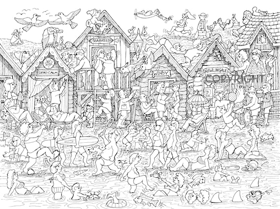 THE BEACH - fun drawing, cartoon for you to colour from downloadable image - By Armand Foster