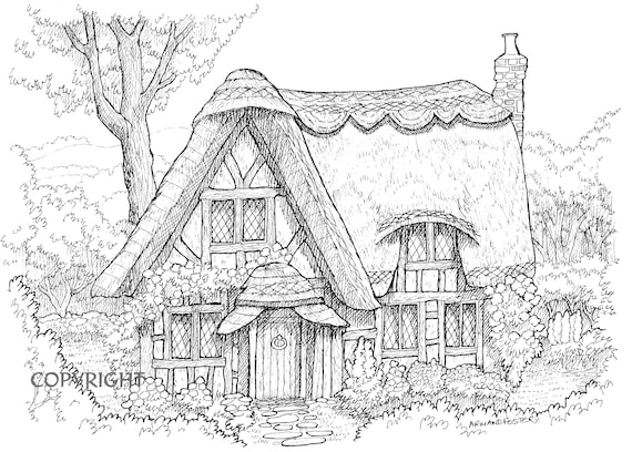 THATCH COTTAGE drawing for you to colour from downloadable image - By Armand Foster