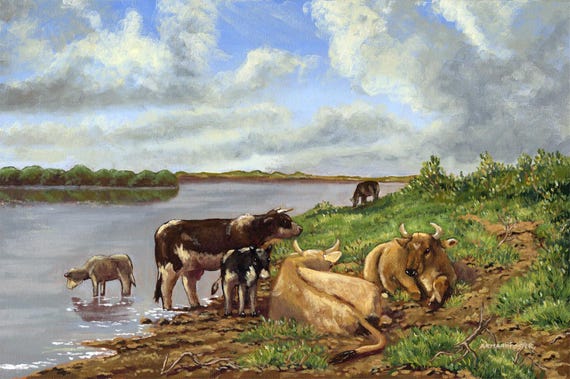 WATER MEADOW CATTLE  - Original oil painting on stretched canvas by Armand Foster - 20" x 30"