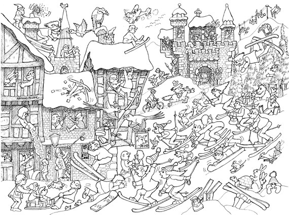THE SKI SLOPE - Cartoon drawing for you to colour from downloadable image - By Armand Foster