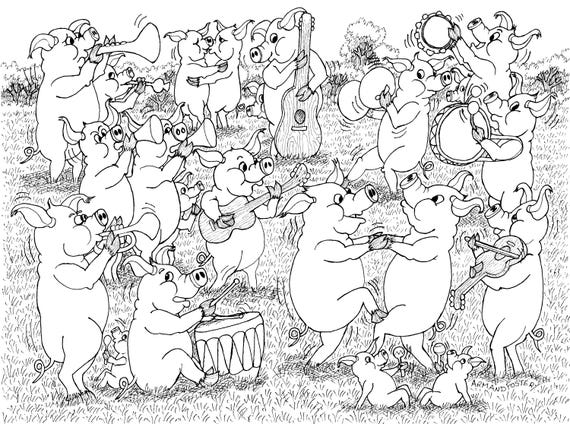 THE PIGS PARTY - Cartoon drawing for you to colour from downloadable image - By Armand Foster