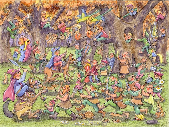 Original pen, ink, watercolour manic, humorous, wacky Gerald Hood ambushes Sir Haphazard detailed fascinating cartoon by Armand Foster