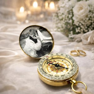 Engraved Brass Compass Keychain: Personalized Photo Locket Gift
