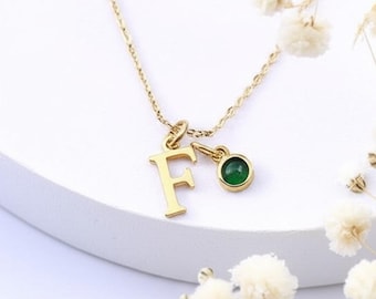 Dainty Initial Birthstone Necklace: Personalized Letter Box Chain