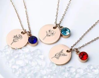 Personalized Birth Flower Necklace: Engraved Floral Birthstone Jewelry