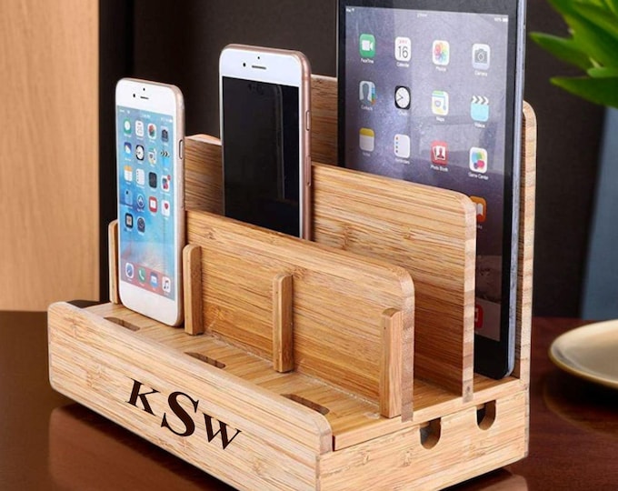 Personalized Wood Docking Station: Men's Nightstand Organizer & Charging Station