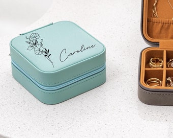 Personalized Vegan Leather Travel Jewelry Case: Birth Month Flower Gift