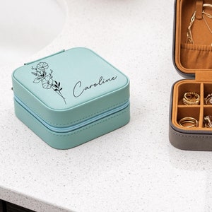 Birth Flower Jewelry Travel Case-Personalized Birthday Gift, Custom Leather Jewelry Organizer, Birth Month Floral Keepsake Jewelry Box