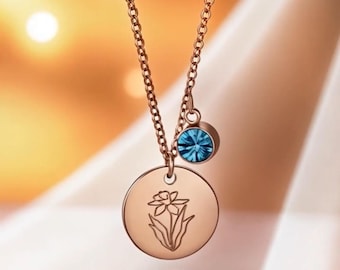Personalized Birth Flower Necklace: Engraved Name, Birthstone Jewelry