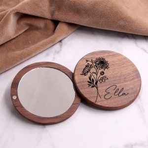 Personalized Birth Flower Compact Mirror - Bridesmaid Proposal, Birthday Gifts for her, & Bachelorette Party Favors, Maid of Honor