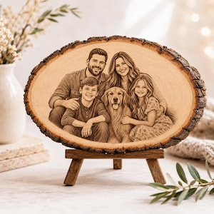 May include: An oval-shaped wood slice plaque featuring a laser-engraved portrait of a family of four and a golden retriever dog. The natural wood piece has a rough, bark-covered edge and is displayed on a small, three-legged wooden easel stand.