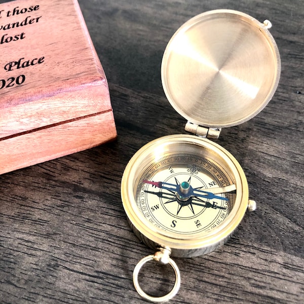 Personalized Genuine Brass Compass with Leather Pouch or Wood Box, Engraved Compass Fathers Day Gift, Compass Graduation Gift