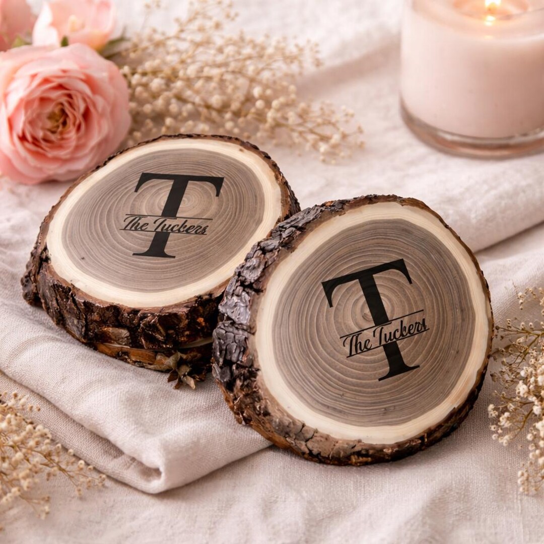 Personalized Rustic Tree Bark Coaster Set - Engraved Wood Coasters for ...
