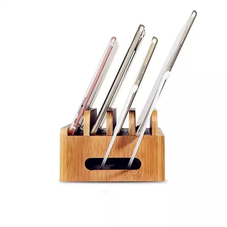 a personalized wood docking station for phone, wallet, tablet