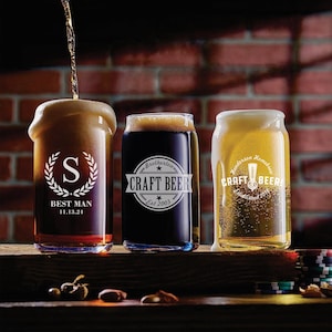Engraved Glass Beer Can Style, Personalized Groomsmen Beer Glasses, Wedding gift for him, Personalized Groomsmen Pint Glass