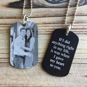 Photo Engraved Personalized Dog Tag Pendant Necklace - Optional message on back- Groom Gift - Boyfriend Gift - Gift for Him - Husband Gift