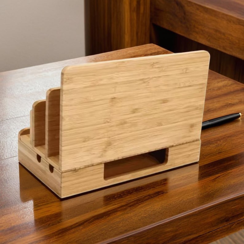 a personalized wood docking station for phone, wallet, tablet