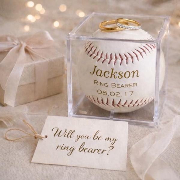 Personalized Baseball Ring Bearer Gift, Custom Wedding Keepsake in Display Case