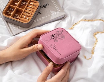 Personalized Birth Flower Vegan Leather Jewelry Travel Case