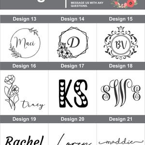 May include: A collection of 10 different designs for personalized custom impressions. The designs include floral elements, monograms, and simple text. The designs are numbered 13 through 21.