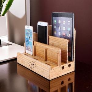 a personalized wood docking station for phone, wallet, tablet