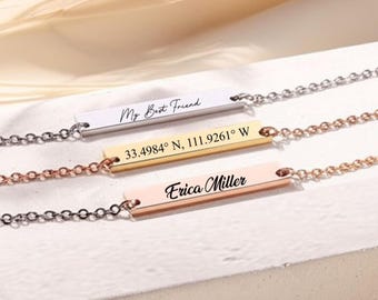 Personalized Bar Necklace: Engraved Name, Coordinates, Initials
