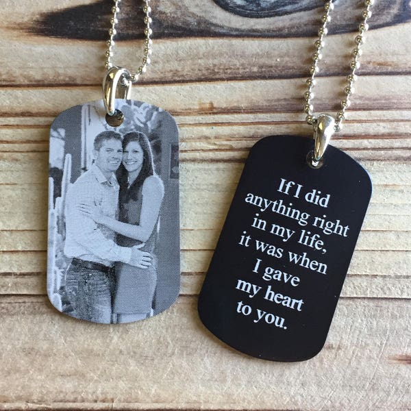 Bride Gift, engraved wedding photo, photo keychain, boyfriend gift, Photo Engraved Personalized Dog Tag Pendant Necklace - Optional message