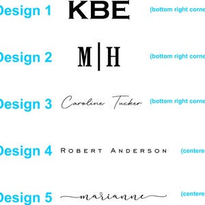 K&ouml;nnte beinhalten: Auf wei&szlig;em Hintergrund werden f&uuml;nf Designoptionen f&uuml;r personalisierten Text angezeigt. Die Designs umfassen Initialen, Namen und vollst&auml;ndige Namen in verschiedenen Schriftarten. Die Textoptionen sind KBE, MH, Caroline Tucker, ROBERT ANDERSON und marianne.