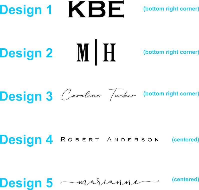 K&ouml;nnte beinhalten: Auf wei&szlig;em Hintergrund werden f&uuml;nf Designoptionen f&uuml;r personalisierten Text angezeigt. Die Designs umfassen Initialen, Namen und vollst&auml;ndige Namen in verschiedenen Schriftarten. Die Textoptionen sind KBE, MH, Caroline Tucker, ROBERT ANDERSON und marianne.