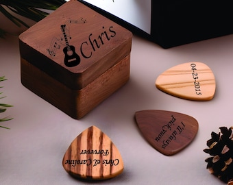 Personalisierte hölzerne Gitarren-Plektren mit graviertem Walnuss-Etui, Musiker-Geschenk