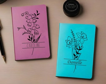 Cadeau personnalisé de journal de gratitude avec des fleurs de naissance pour une fille, un cadeau pour une maman, un journal de prière en cuir, un journal de méditation pour l'étude de la Bible