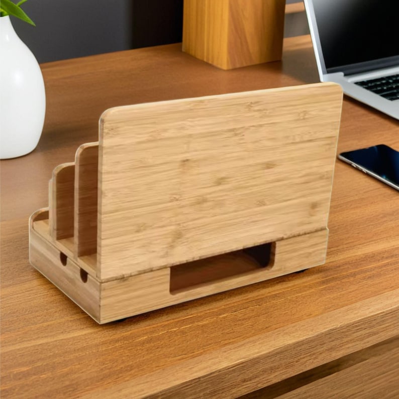 a personalized wood docking station for phone, wallet, tablet