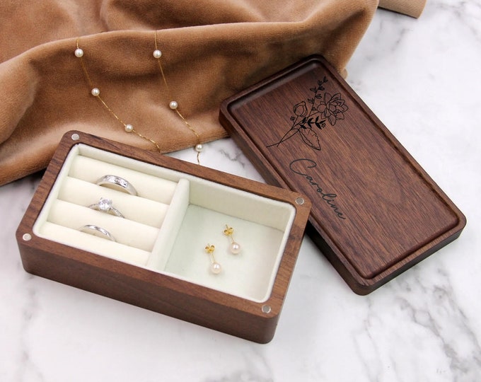 Wooden Jewelry Organizer, Personalized Jewelry Box Custom Engraved Jewelry Box - Personalized Travel Case for Women - Bridesmaid Gift -