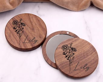 Birth Flower Compact Mirror, Personalized Wood Engraved Gift