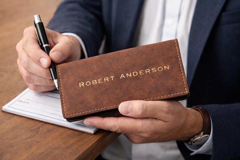 K&ouml;nnte beinhalten: Ein brauner Leder-Scheckbuchumschlag mit dem Namen "ROBERT ANDERSON" in goldfarbenen Buchstaben. Ein schwarzer Stift wird &uuml;ber einem Scheck auf einer Holzoberfl&auml;che gehalten. Der Scheckbuchumschlag ist rechteckig und scheint neu zu sein.