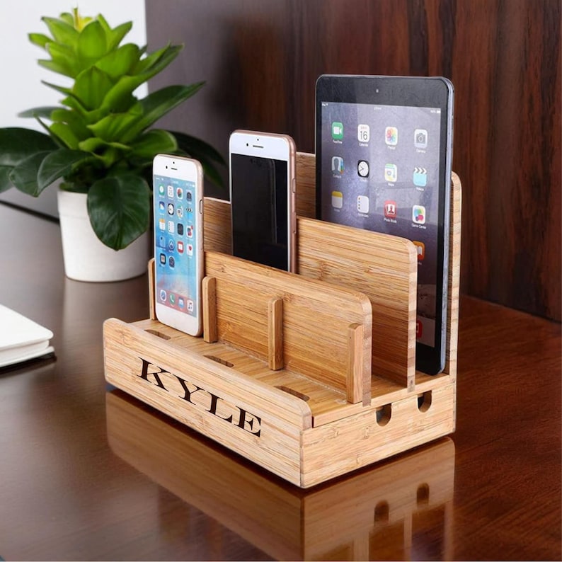 a personalized wood docking station for phone, wallet, tablet