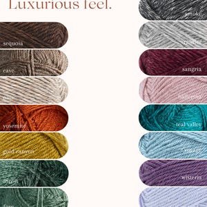 May include: A collection of yarn skeins in various colors, including black canyon, smoke, sequoia, cave, yosemite, gold canyon, forest, fern, black confetti, rancher, sangria, ballerina, teal valley, voyage, wisteria, cascade, and sun confetti.