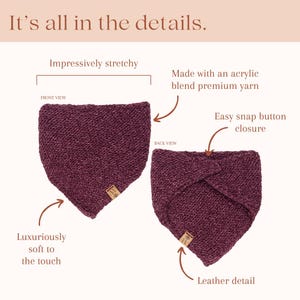 May include: A purple knitted headband with a leather detail and a snap button closure. The headband is stretchy and soft to the touch. It is made with an acrylic blend premium yarn.