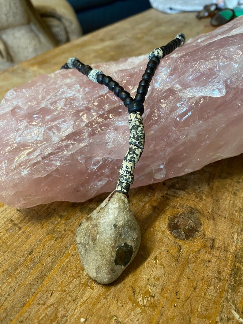 Bespoke Handmade Free Spirit Jewellery BohemianHippie style One of a kind TRENDYBEGGARz Hag Stone Pendant Wooden Beaded Necklace